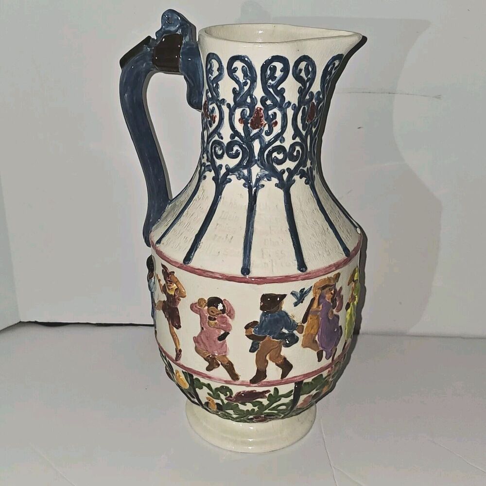 Atlantic Mold Decorative German Painted Pitcher Old World Circa. 1970 Vintage